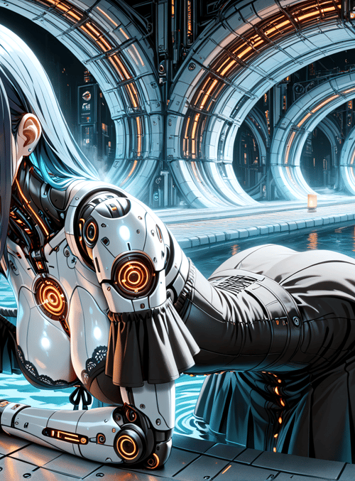cyborg, anime girl, robot, neon, futuristic, space station, aquatic tunnel