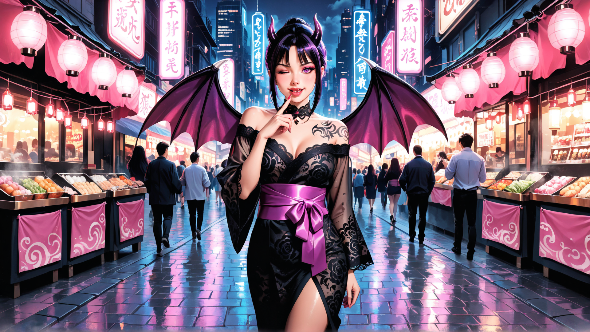 AI generated wallpaper featuring woman, devil, demon, street, market, lantern, signboard, building, crowd, food