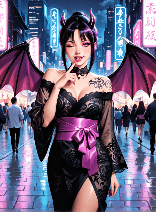 woman, devil, demon, street, market, lantern, signboard, building, crowd, food
