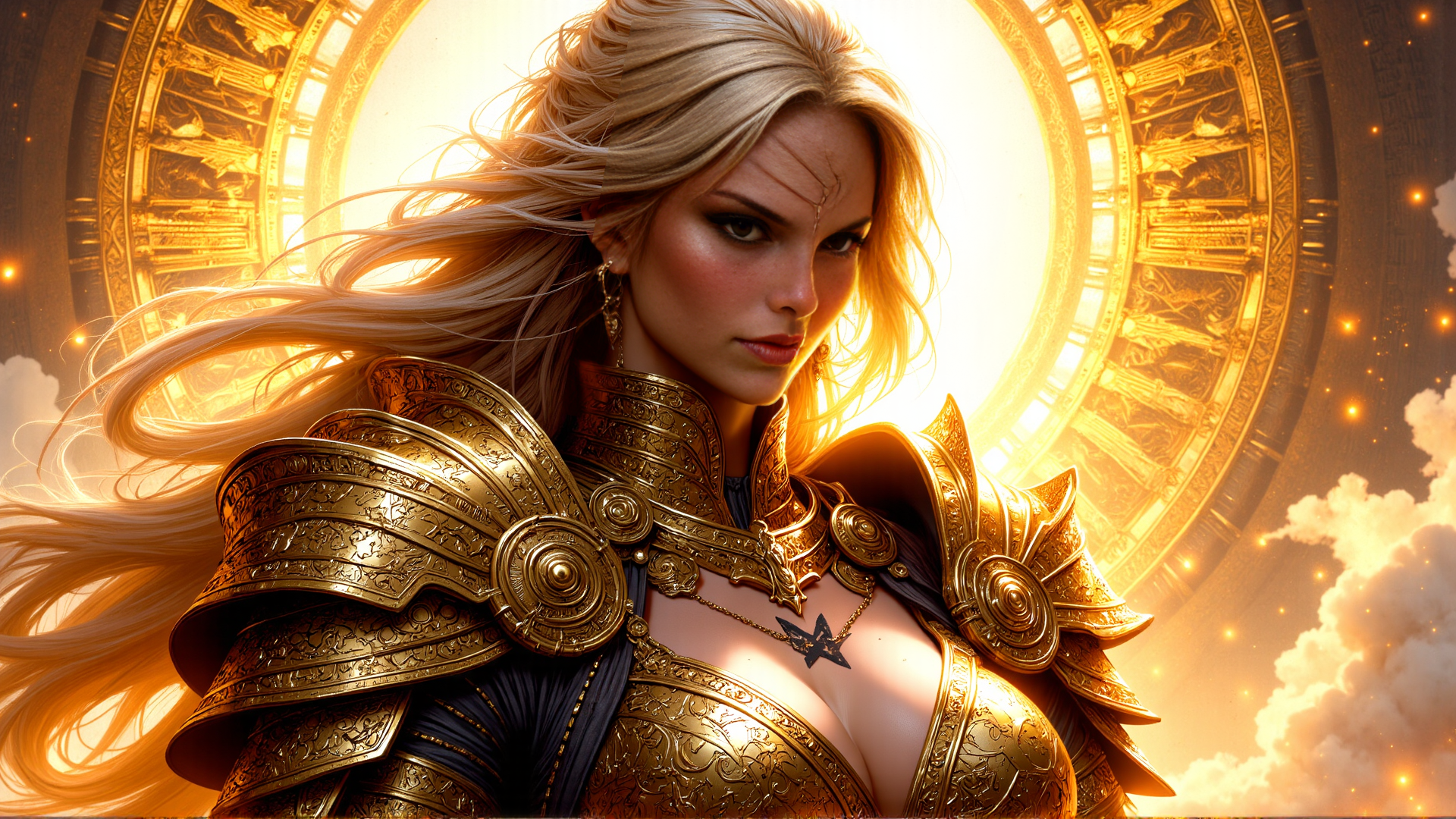 AI generated wallpaper featuring warrior, fem, armor