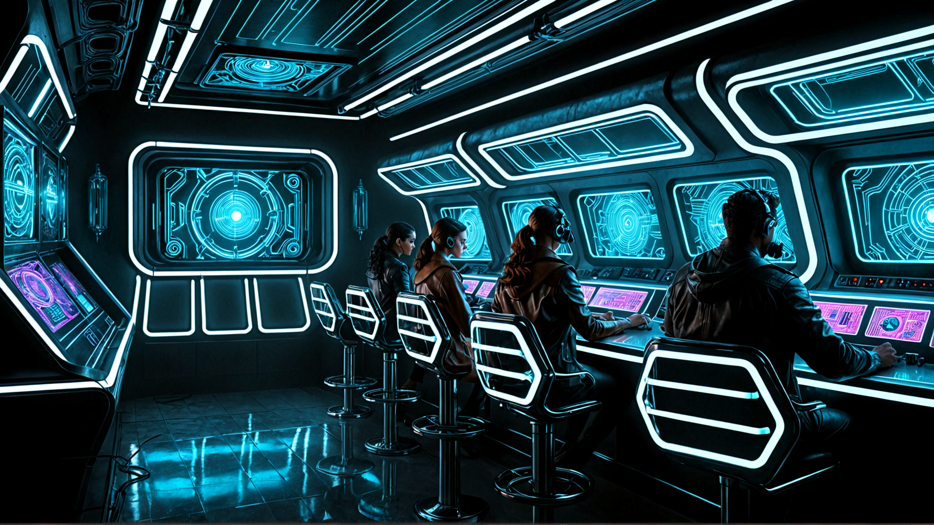 AI generated wallpaper featuring people, control room, screens, chairs, monitors, computers, neon lights, headsets, workspace, technology