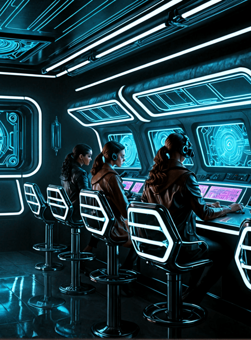 people, control room, screens, chairs, monitors, computers, neon lights, headsets, workspace, technology