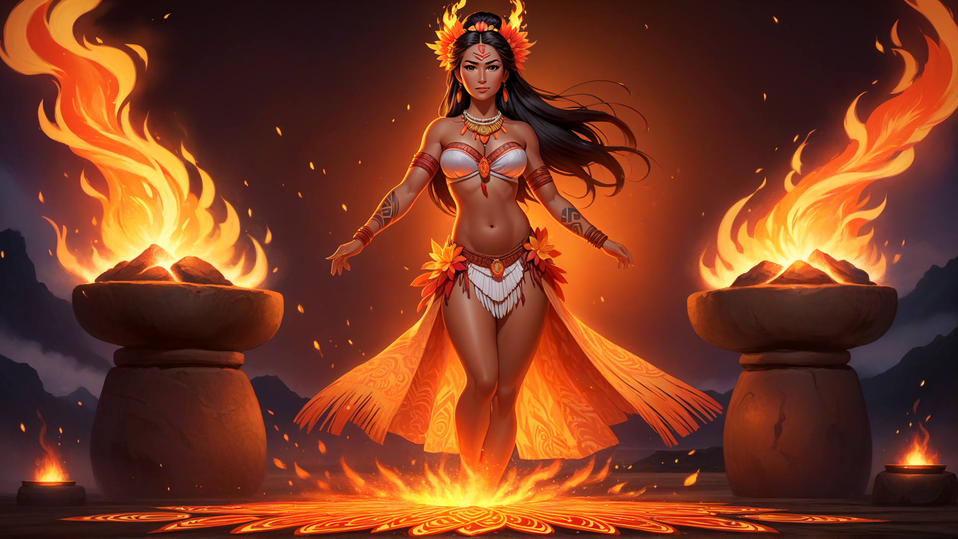 AI generated wallpaper featuring woman, fire, statue, flame, candle, mountain, flower, headdress, necklace, pattern