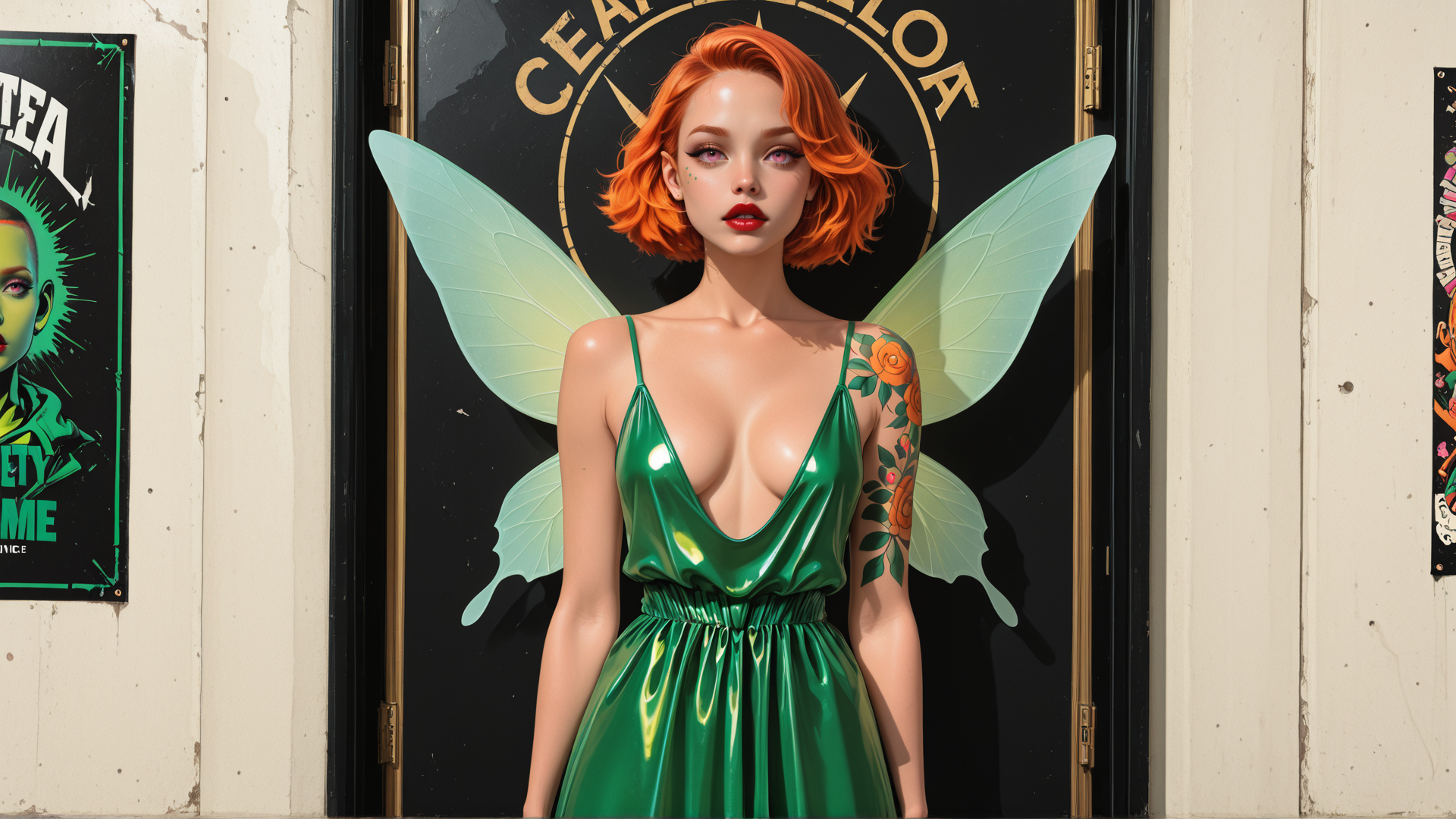 AI generated wallpaper featuring fairy, woman, wing, tattoo, dress, door, poster