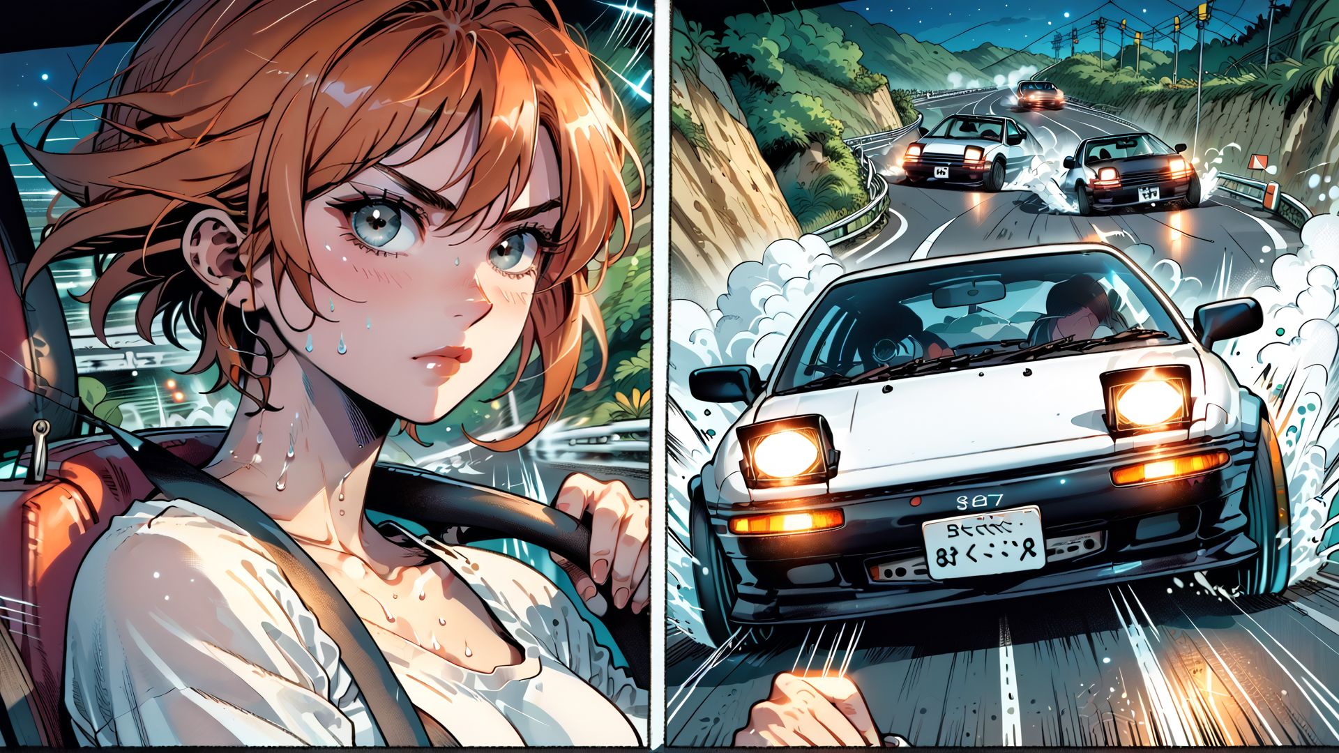 AI generated wallpaper featuring girl, car, driver, road, japan, tuner, nissan, race, speed, sweat