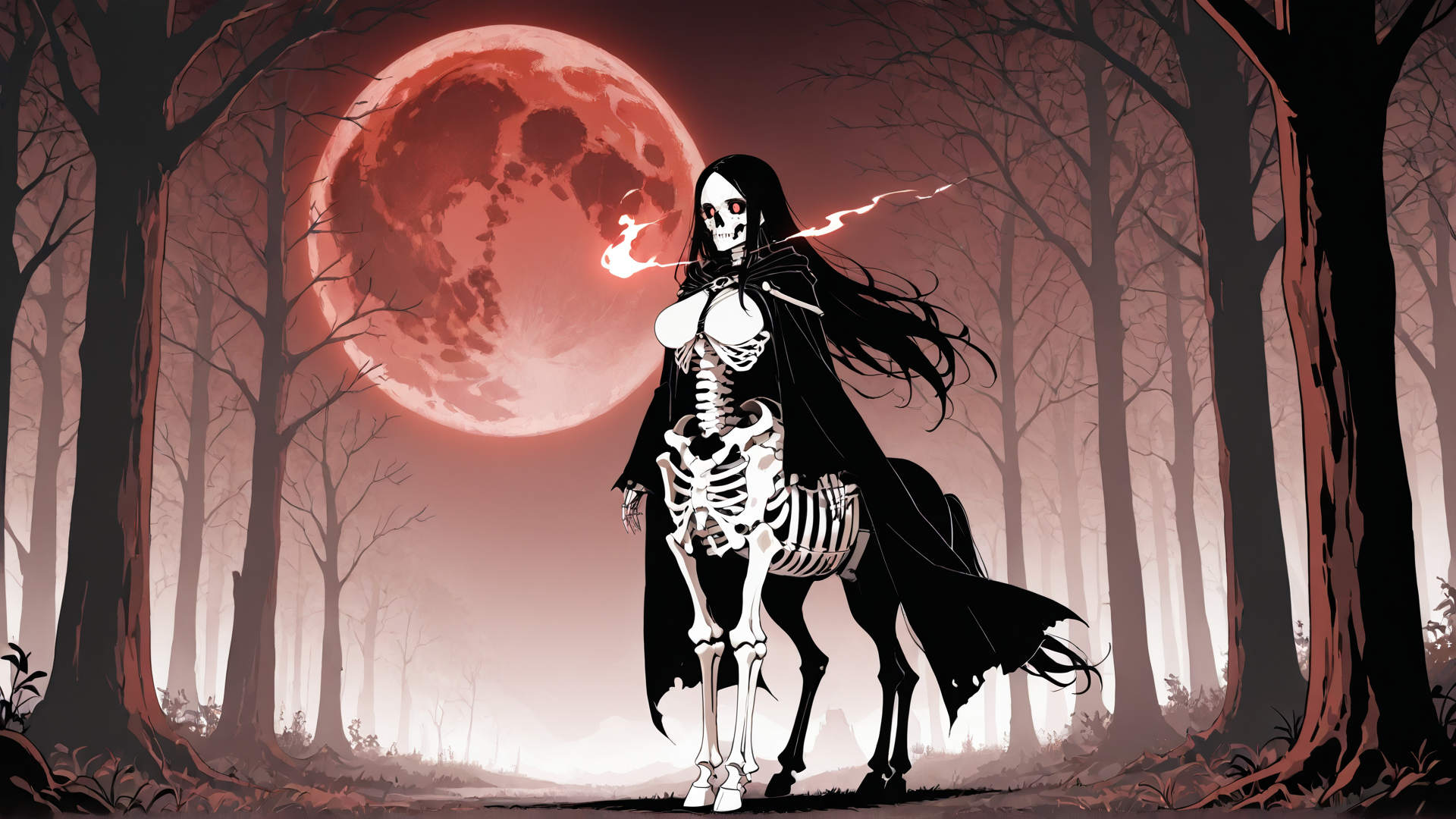 AI generated wallpaper featuring skeleton, woman, forest, red moon, cigarette, cape, trees, smoke, fire, bones