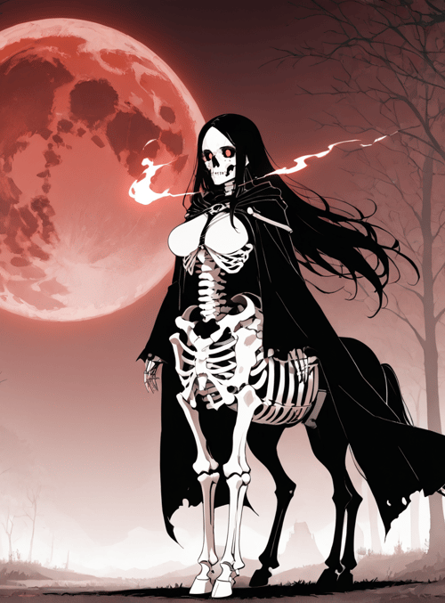skeleton, woman, forest, red moon, cigarette, cape, trees, smoke, fire, bones