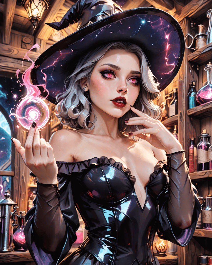 AI generated wallpaper featuring witch, hat, woman, spell, bottle, cauldron, alchemy, magic, light, star