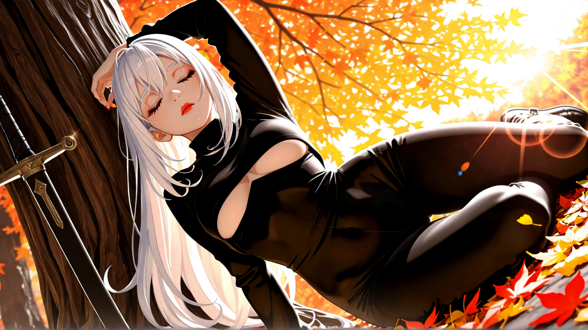 AI generated wallpaper featuring anime girl, sword, tree, fall leaves