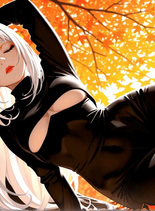 anime girl, sword, tree, fall leaves
