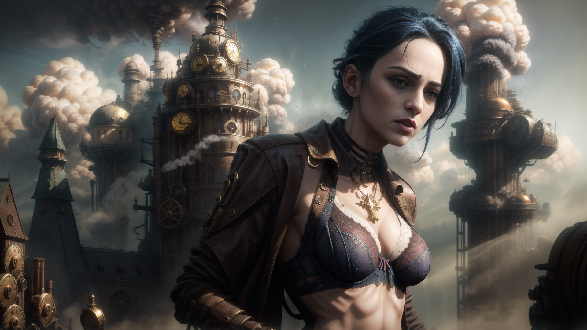 AI generated wallpaper featuring woman, steampunk, clock tower