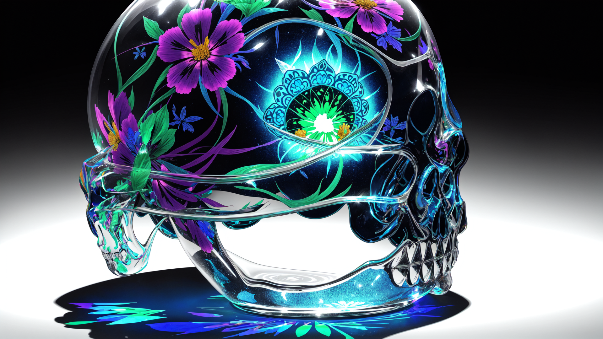 AI generated wallpaper featuring skull, flowers, glass, mandala, butterfly