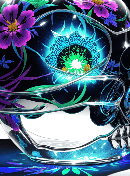 skull, flowers, glass, mandala, butterfly