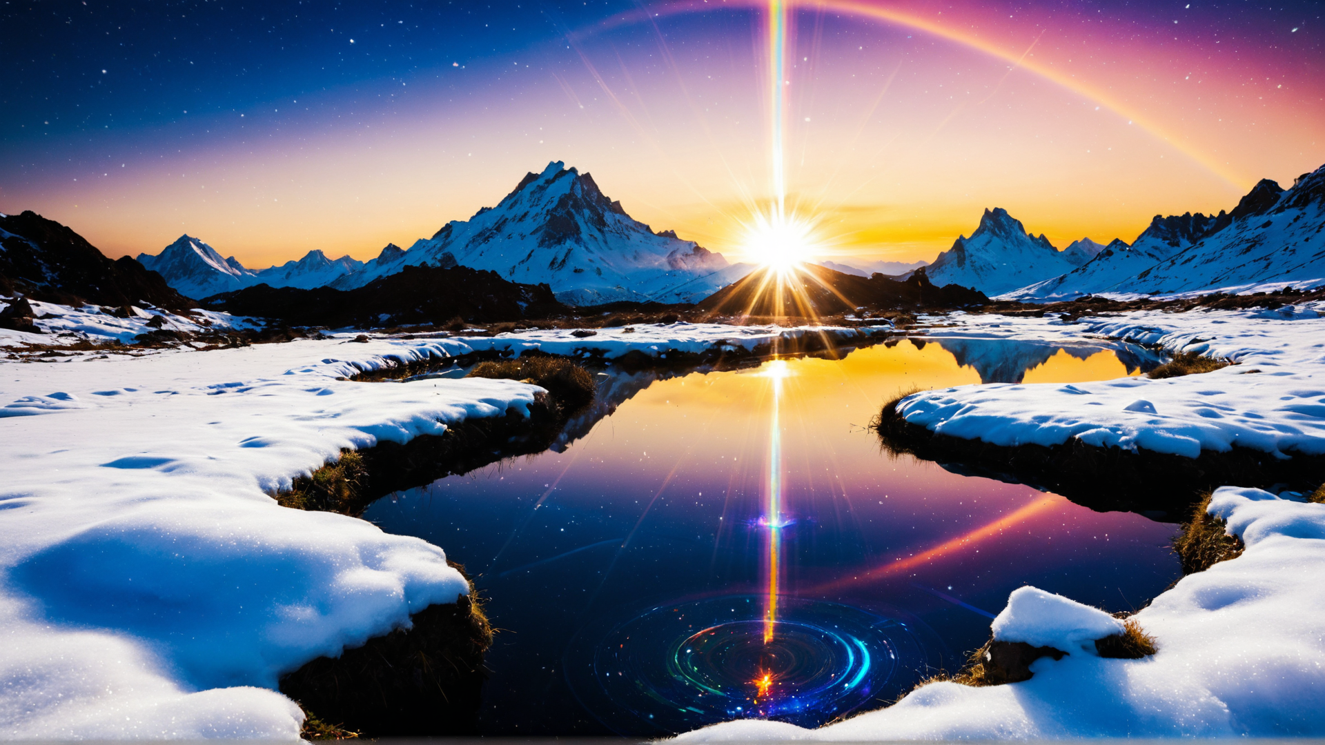 AI generated wallpaper featuring mountains, sun, lake, snow, sky, hills, reflection, stars, aurora