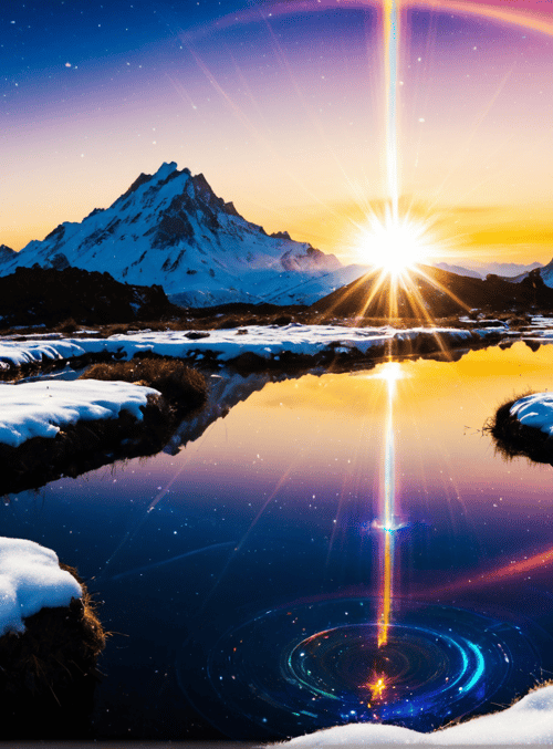 mountains, sun, lake, snow, sky, hills, reflection, stars, aurora