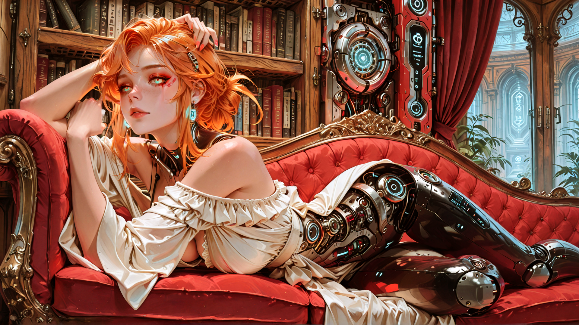 AI generated wallpaper featuring woman, cyborg, bookshelf, sofa, robotic arm, window