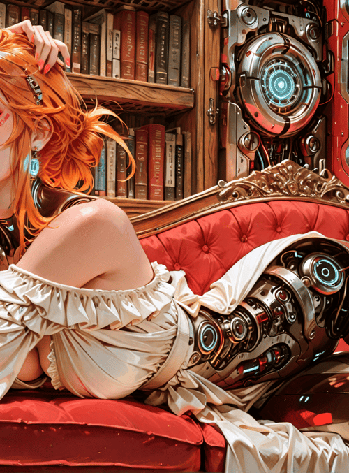 woman, cyborg, bookshelf, sofa, robotic arm, window