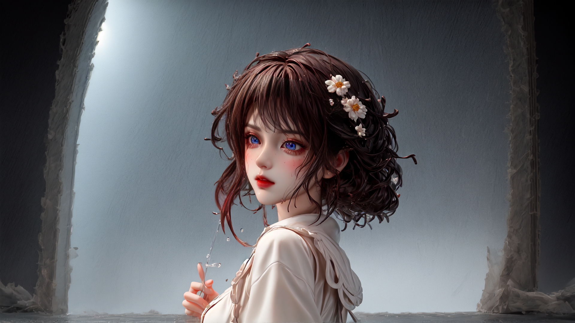 AI generated wallpaper featuring girl, flower, water