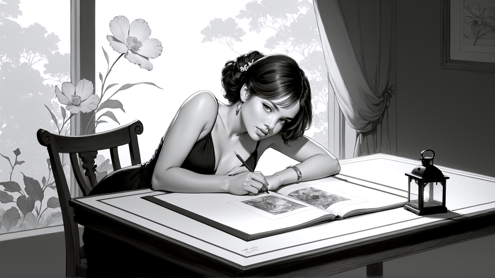 AI generated wallpaper featuring woman, book, pen, flower, lantern, table, chair, window, dress, hair