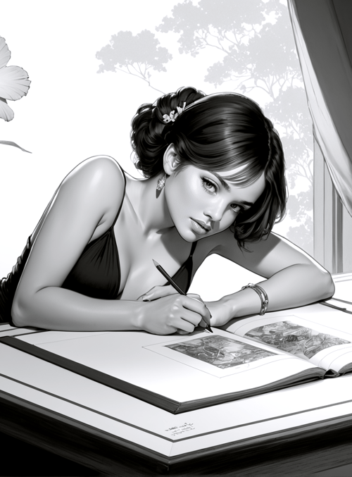 woman, book, pen, flower, lantern, table, chair, window, dress, hair