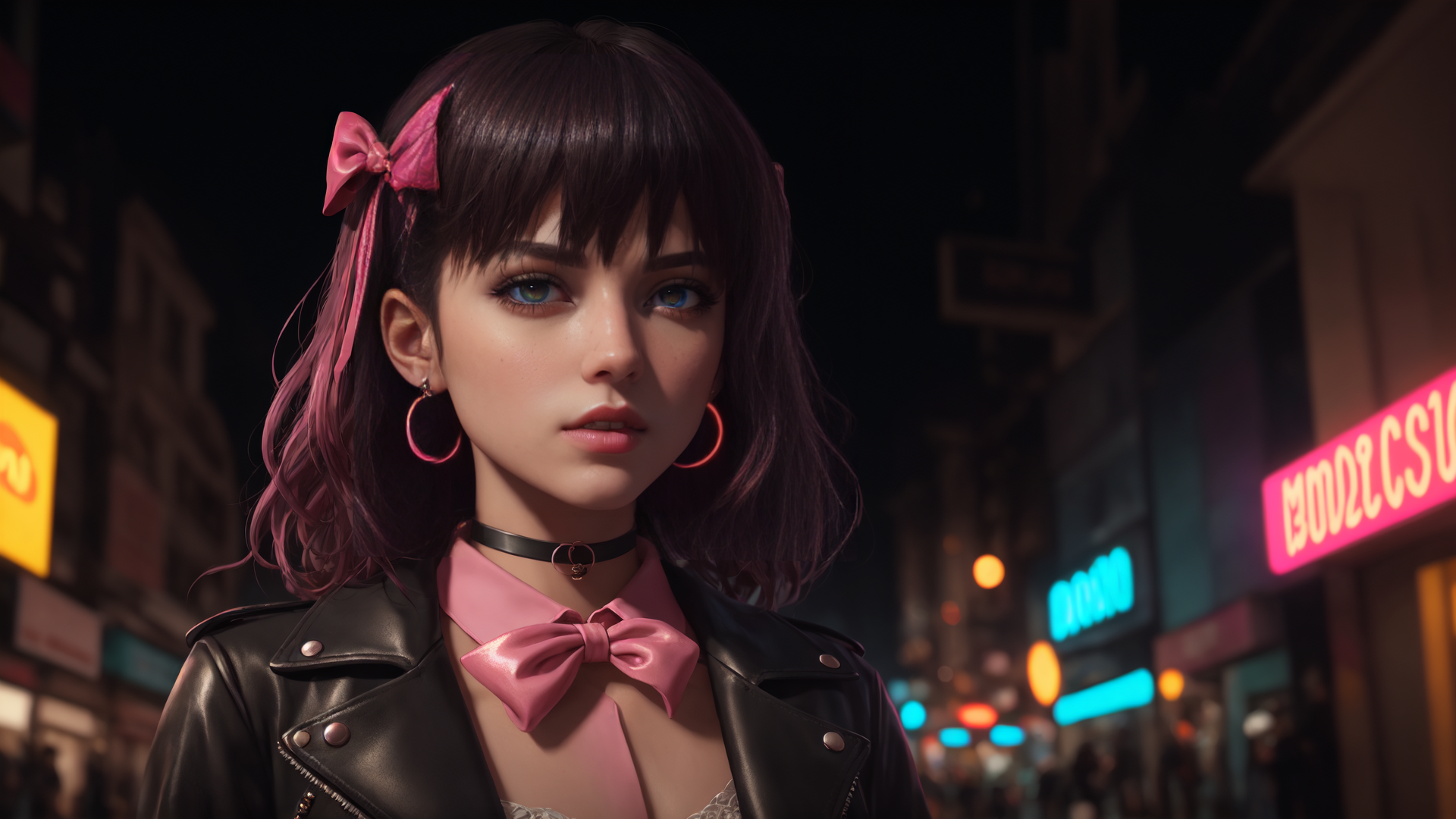 AI generated wallpaper featuring girl, street, neon