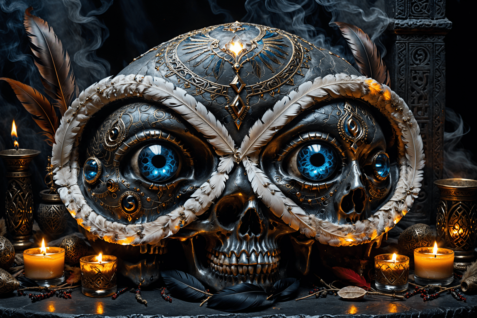 AI generated wallpaper featuring skull, owl, feathers