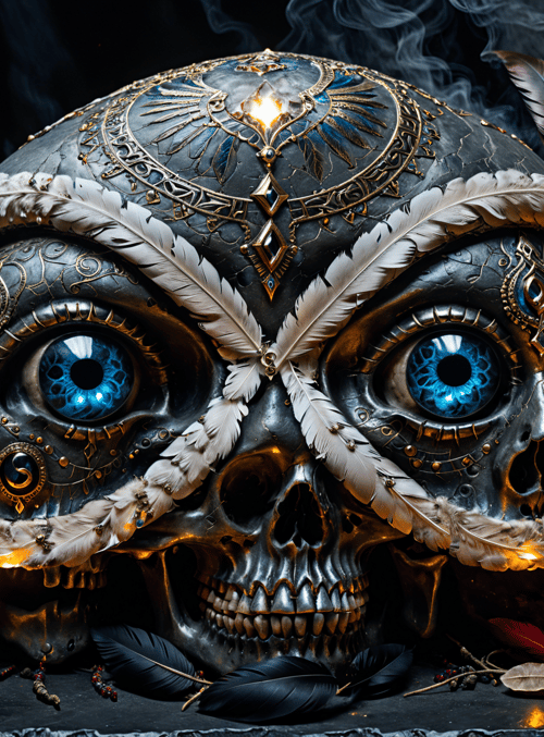 skull, owl, feathers