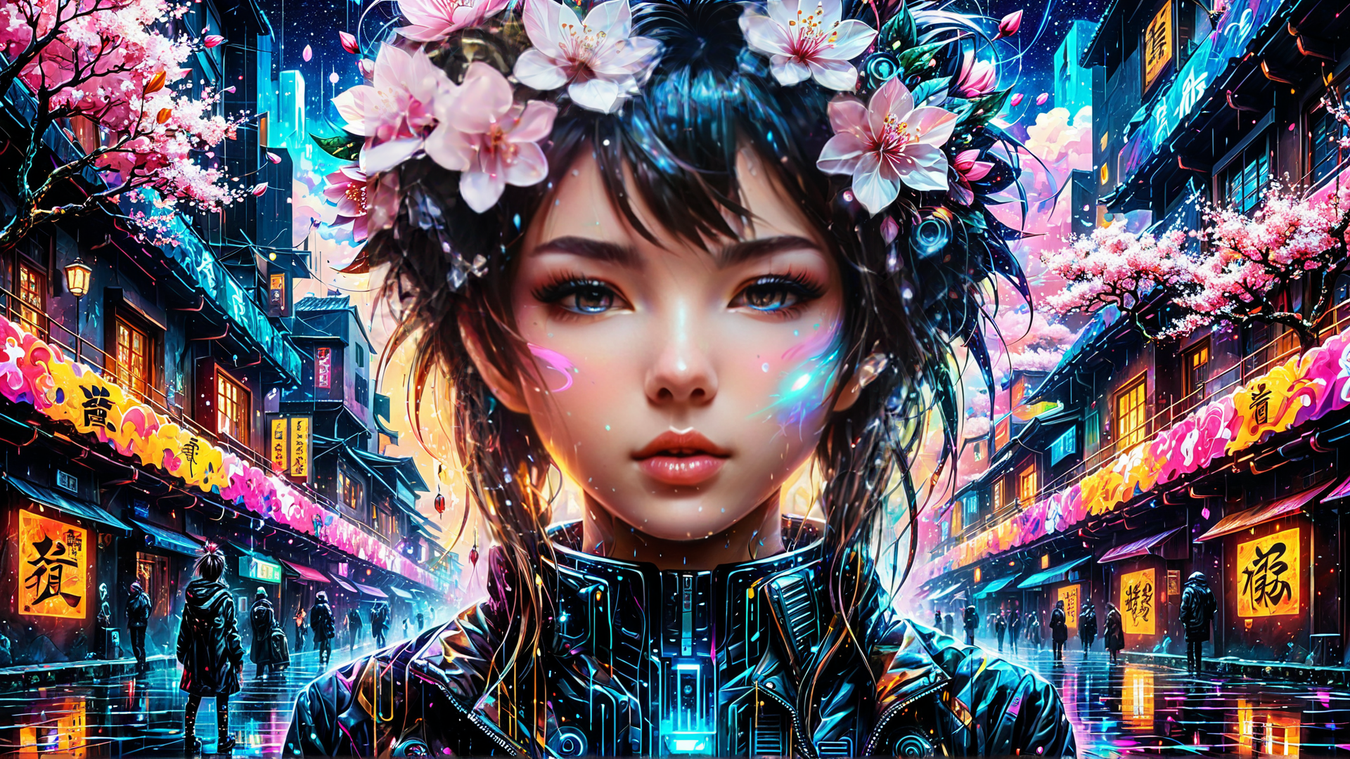 AI generated wallpaper featuring woman, cherry blossoms, cyberpunk city