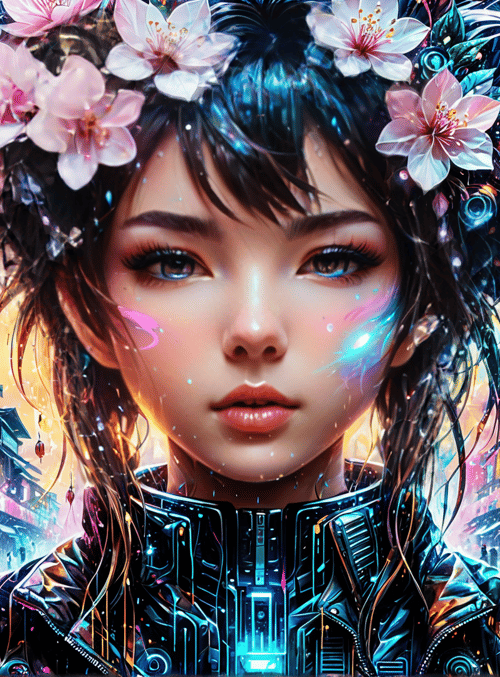 woman, cherry blossoms, cyberpunk city