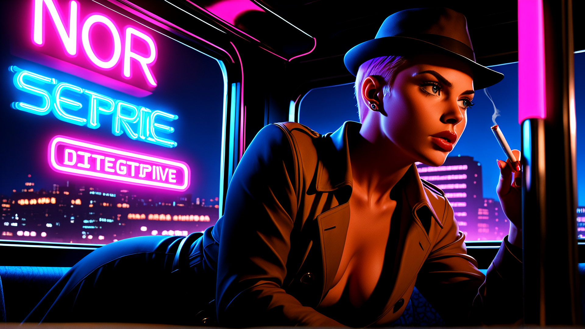 AI generated wallpaper featuring woman, detective, hat, cigarette, neon sign