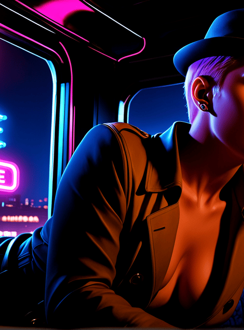 woman, detective, hat, cigarette, neon sign