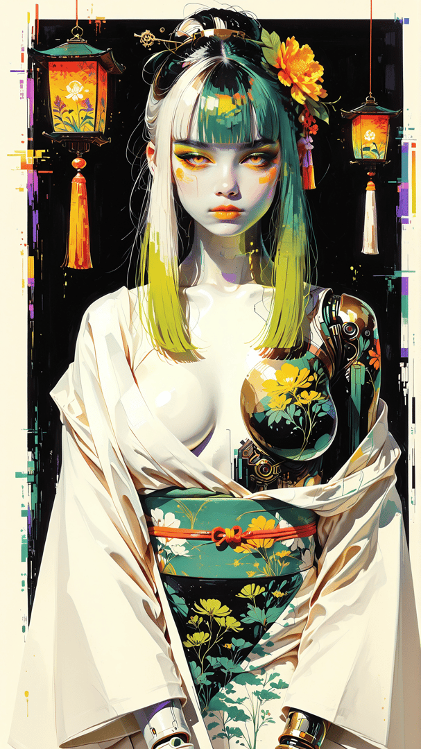 AI generated wallpaper featuring woman, lanterns, mechanical arm, flower, kimono