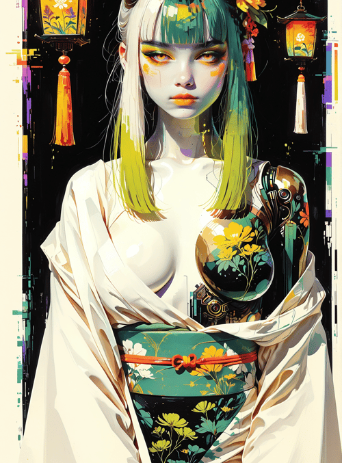 woman, lanterns, mechanical arm, flower, kimono