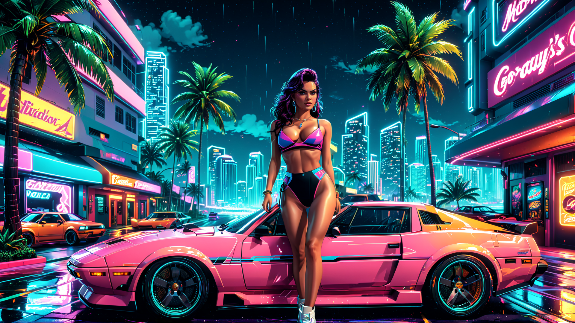 AI generated wallpaper featuring woman, car, city