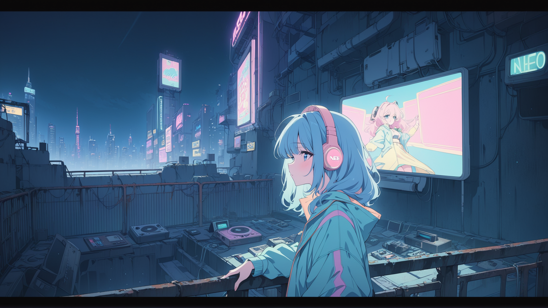 AI generated wallpaper featuring girl, cityscape, neon
