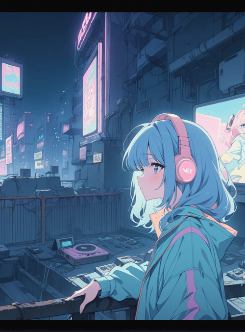 girl, cityscape, neon