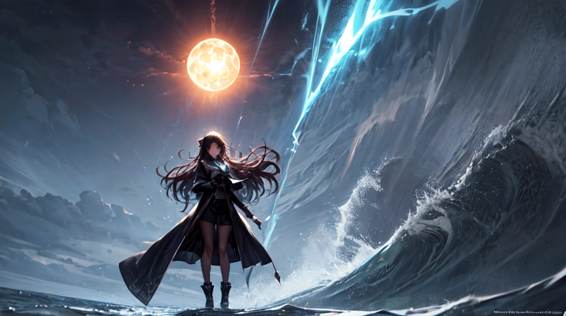AI generated wallpaper featuring girl, wave, sun