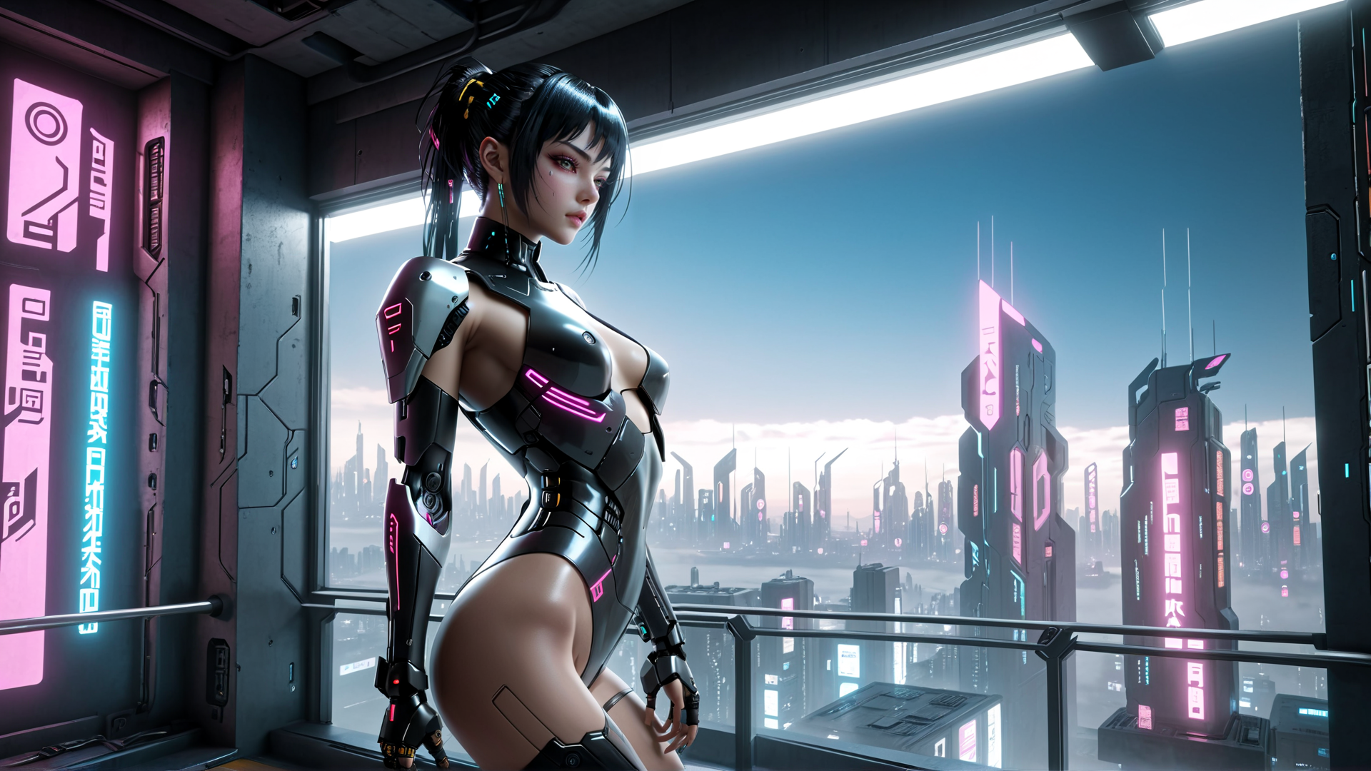 AI generated wallpaper featuring cyborg, woman, city