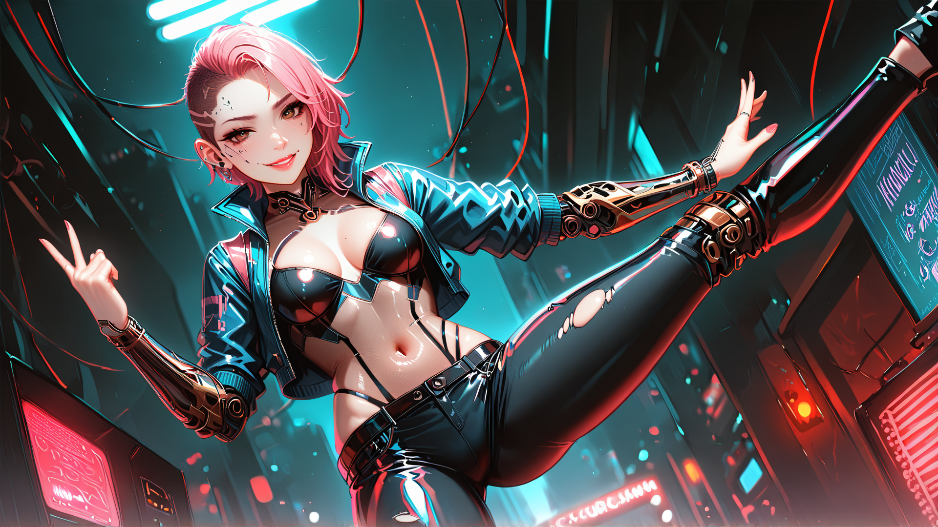 AI generated wallpaper featuring cyberpunk, woman, robotic, arm, neon, bikini, jacket, pants, city, sign
