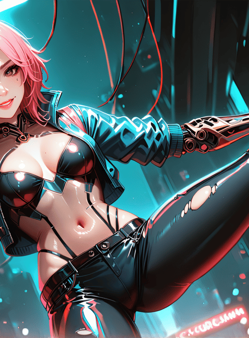 cyberpunk, woman, robotic, arm, neon, bikini, jacket, pants, city, sign