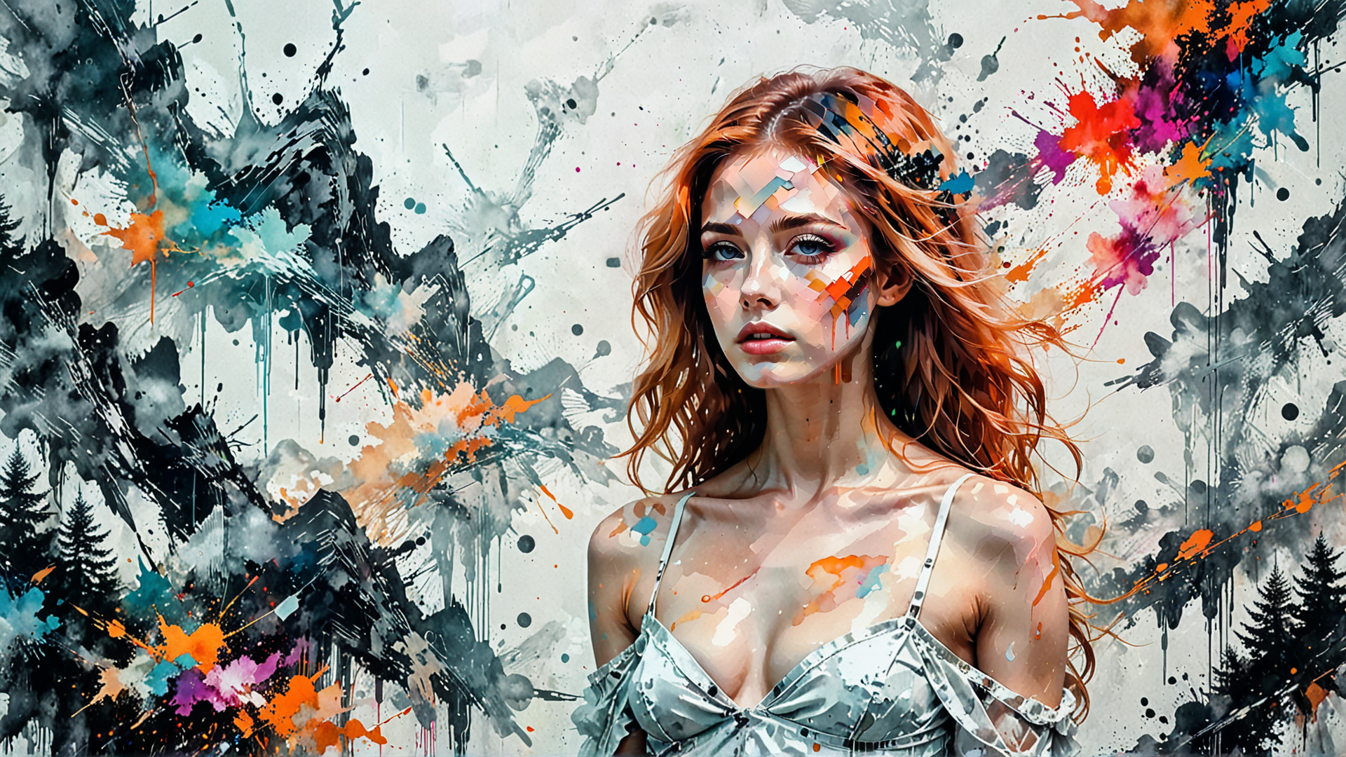 AI generated wallpaper featuring woman, paint, splotch, spray, ink, inkblot, painting, art, splash, splatter