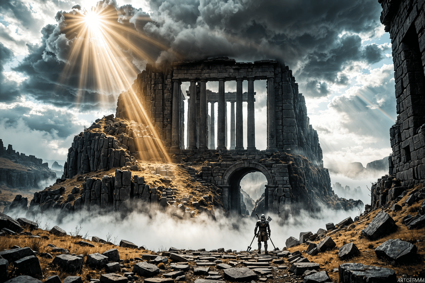 AI generated wallpaper featuring ancient ruins, soldier, columns