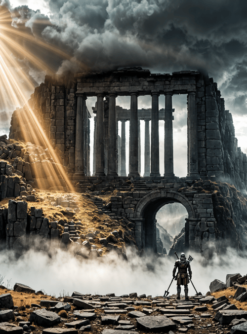 ancient ruins, soldier, columns