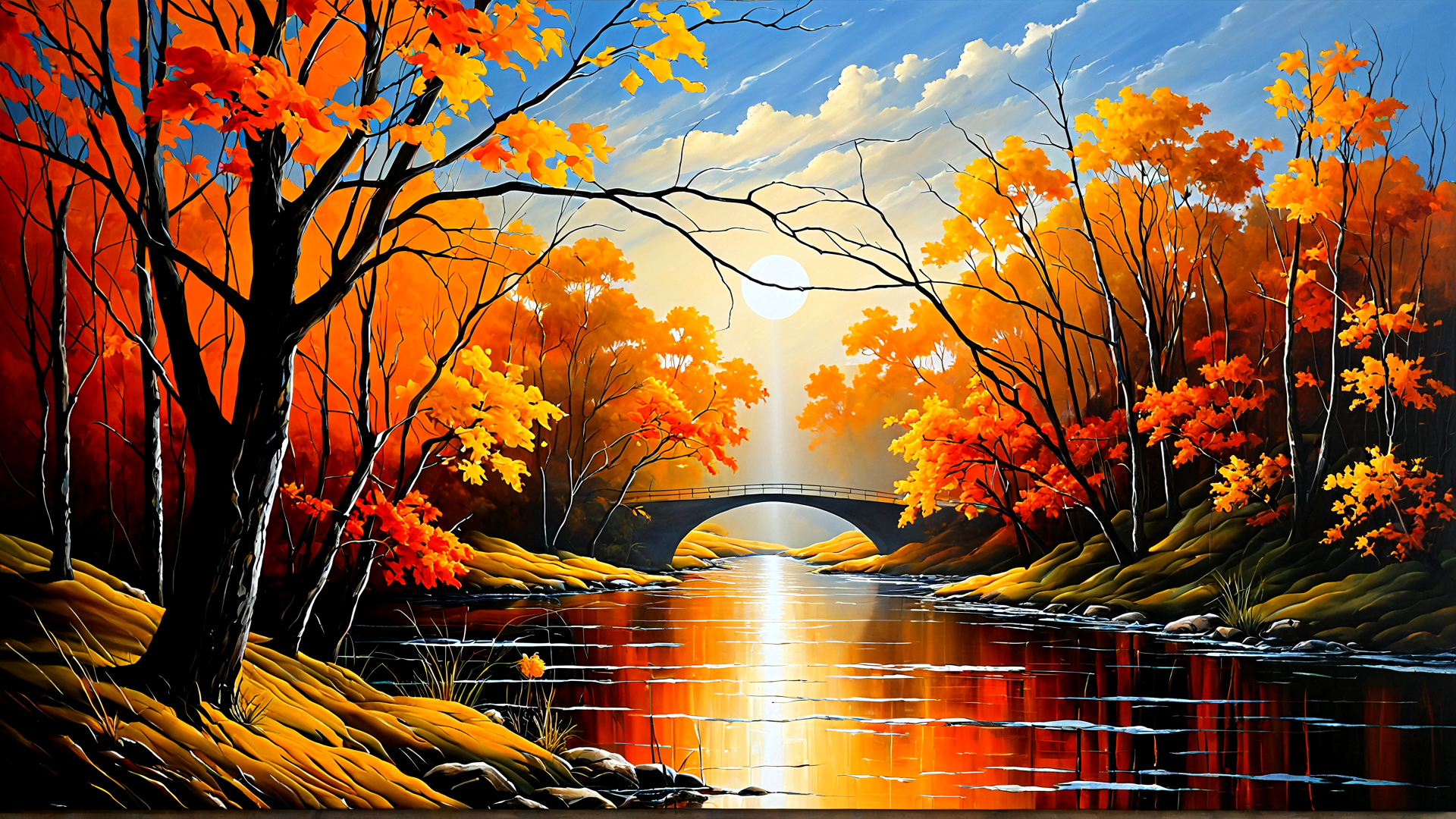 AI generated wallpaper featuring trees, river, bridge