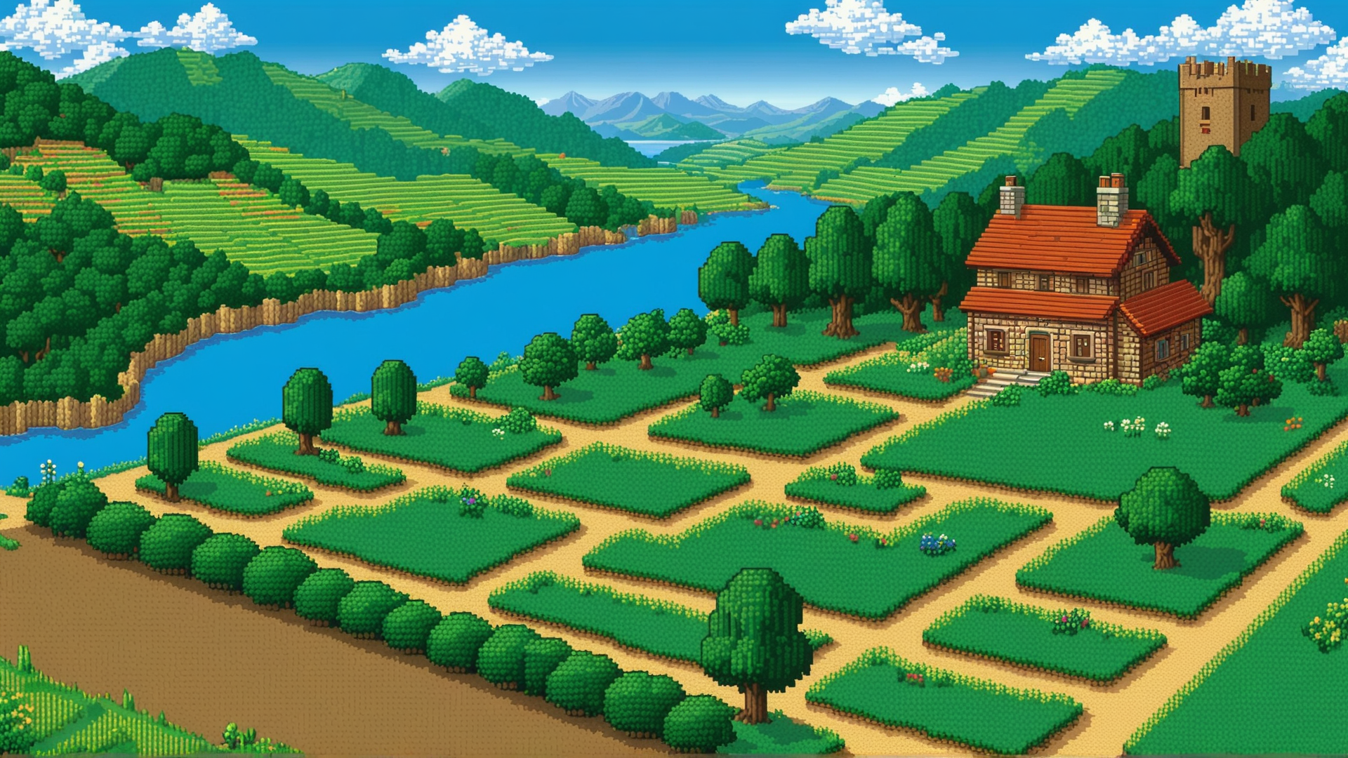AI generated wallpaper featuring house, garden, river