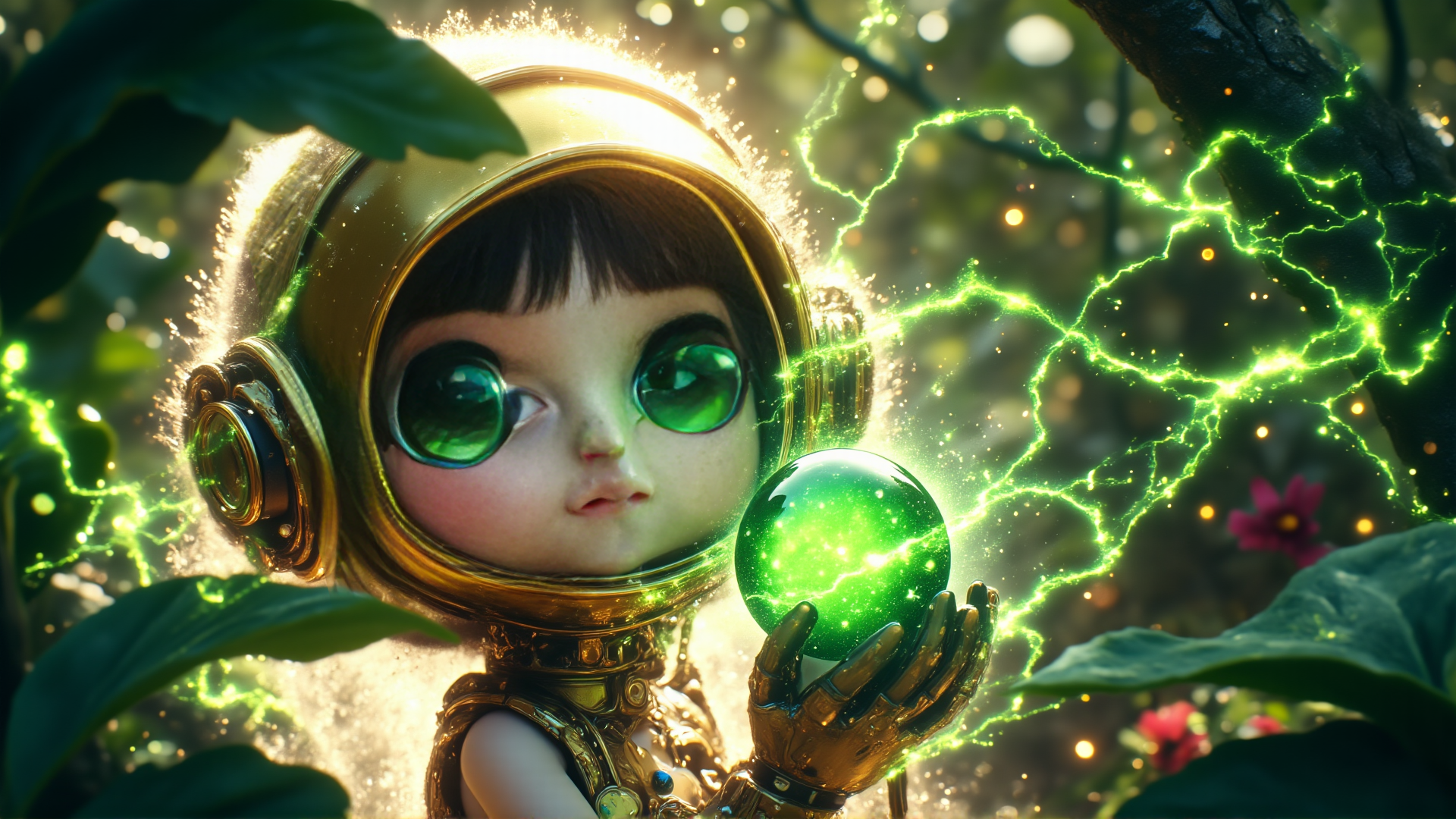 AI generated wallpaper featuring doll, spacesuit, crystal