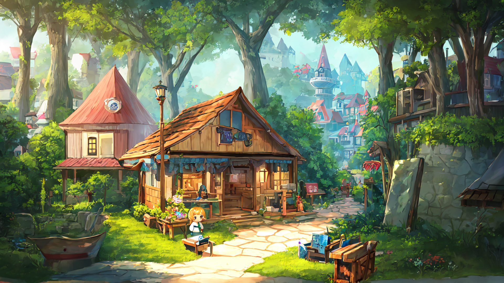 AI generated wallpaper featuring house, tree, girl, path, village, lamp, flower, stone, castle, cart