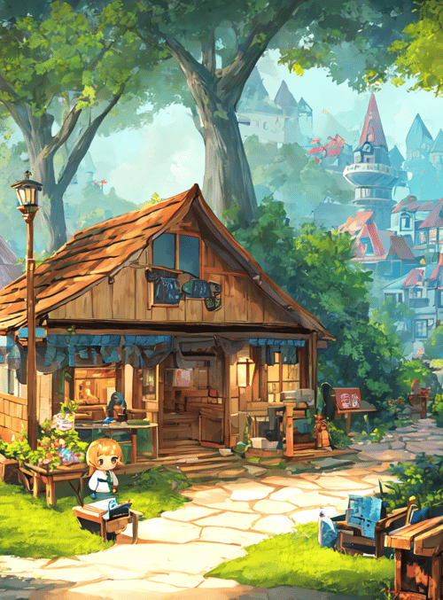 house, tree, girl, path, village, lamp, flower, stone, castle, cart