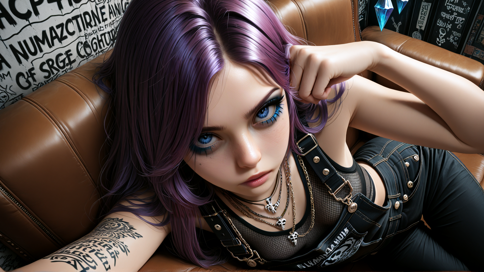 AI generated wallpaper featuring woman, leather couch, tattoo, jewelry, hair