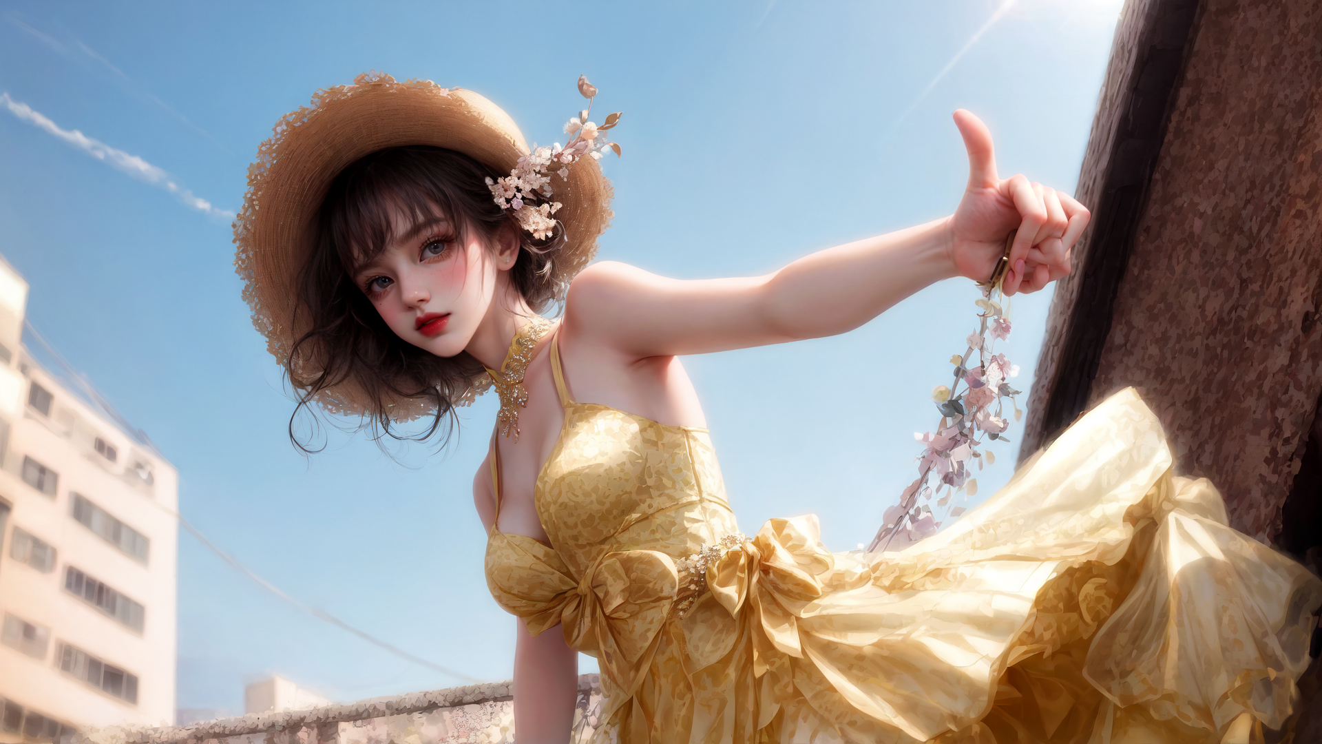AI generated wallpaper featuring woman, dress, hat